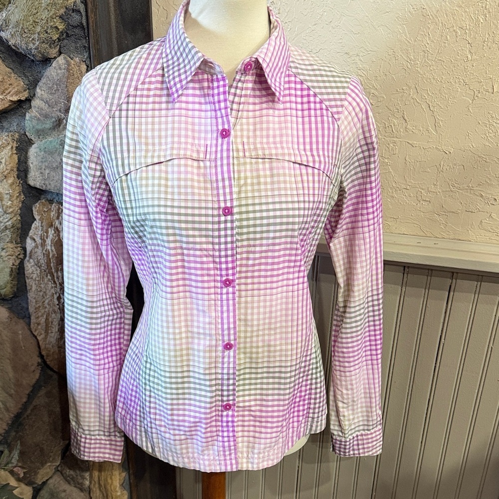 Columbia Pink and White Plaid Button Down Shirt